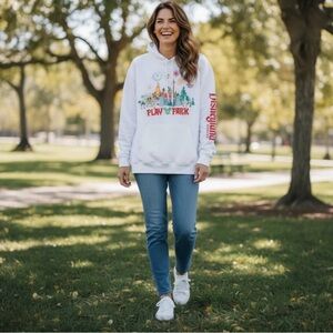 Disney, White Pullover Hoodie “Play In The Park” XL. Bustling Colorful